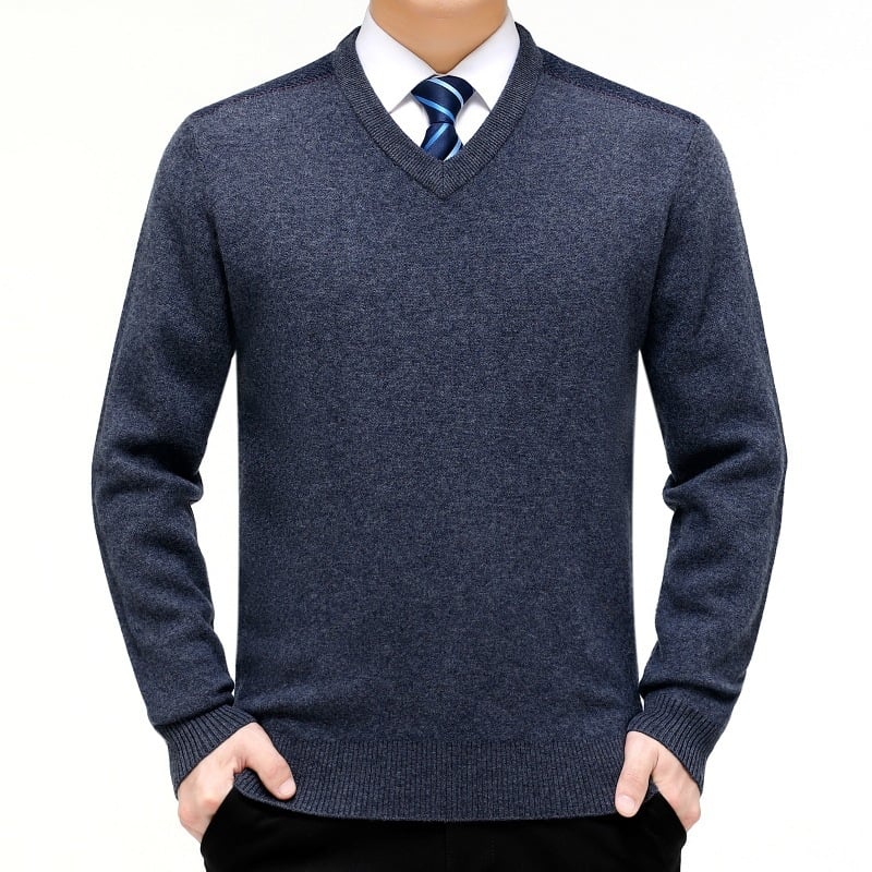 Ανδρικό πουλόβερ με V‑λαιμό, παχυσμένο μαλλί, ελεύθερη γραμμή, μακριά μανίκια, 30–35% μαλλί