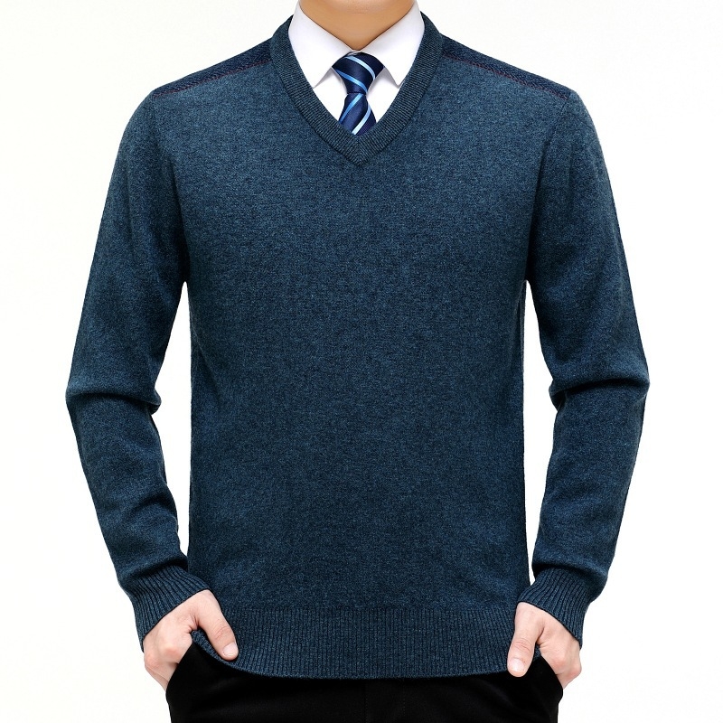 Ανδρικό πουλόβερ με V‑λαιμό, παχυσμένο μαλλί, ελεύθερη γραμμή, μακριά μανίκια, 30–35% μαλλί