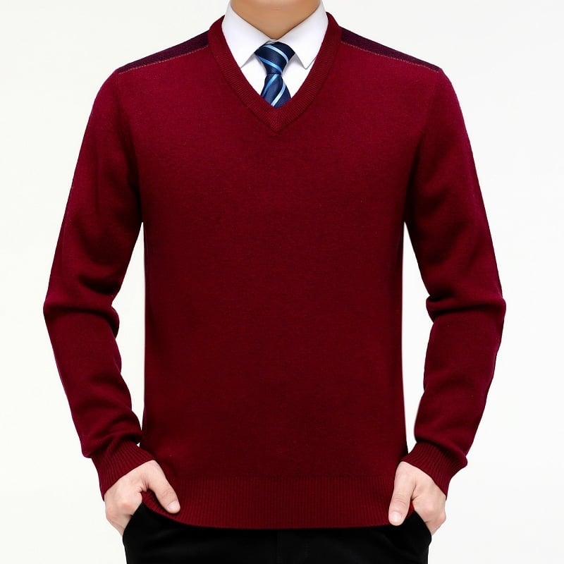 Ανδρικό πουλόβερ με V‑λαιμό, παχυσμένο μαλλί, ελεύθερη γραμμή, μακριά μανίκια, 30–35% μαλλί