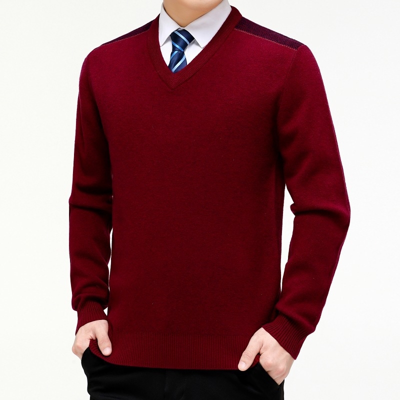 Ανδρικό πουλόβερ με V‑λαιμό, παχυσμένο μαλλί, ελεύθερη γραμμή, μακριά μανίκια, 30–35% μαλλί