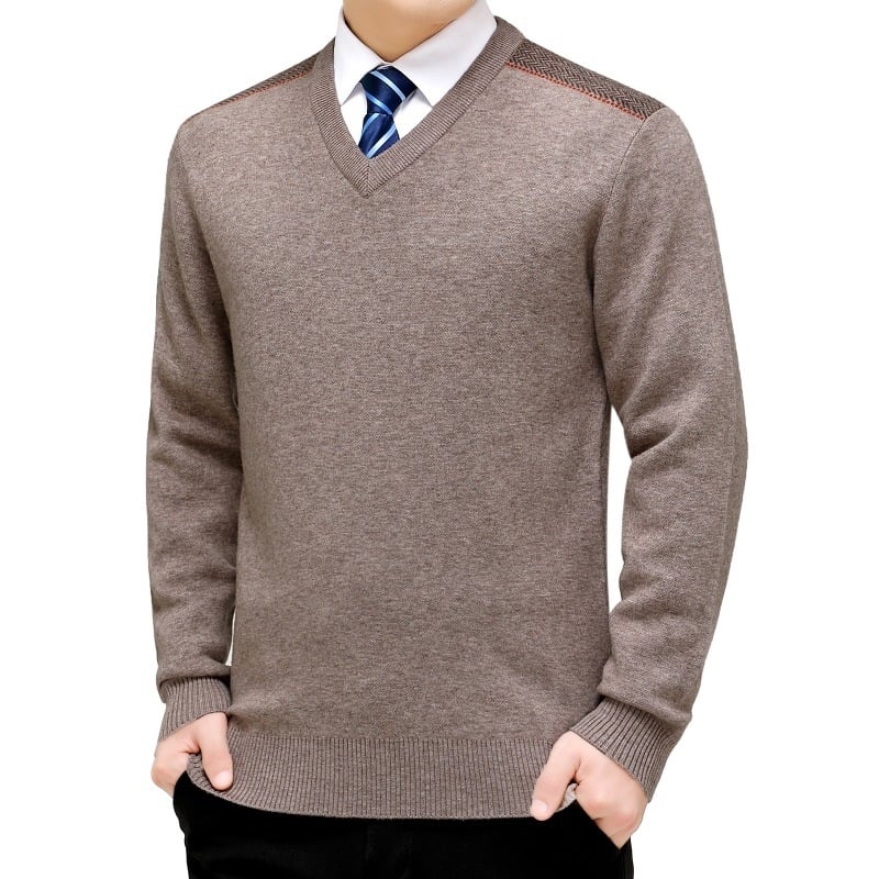 Ανδρικό πουλόβερ με V‑λαιμό, παχυσμένο μαλλί, ελεύθερη γραμμή, μακριά μανίκια, 30–35% μαλλί