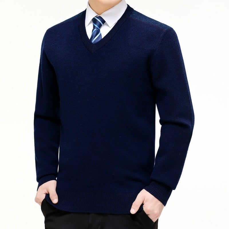 Ανδρικό πουλόβερ με V‑λαιμό, παχυσμένο μαλλί, ελεύθερη γραμμή, μακριά μανίκια, 30–35% μαλλί