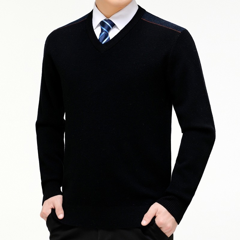 Ανδρικό πουλόβερ με V‑λαιμό, παχυσμένο μαλλί, ελεύθερη γραμμή, μακριά μανίκια, 30–35% μαλλί