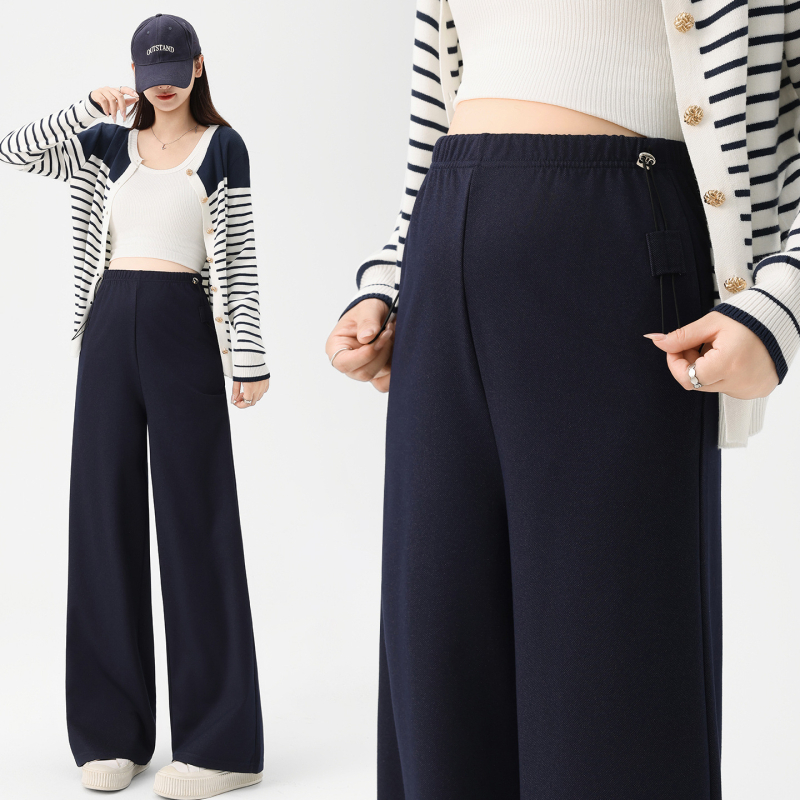 Hlače za trudnice s visokim strukom i širokim nogama, lažni denim izgled, poliester 80–90%, mikroelastičnost