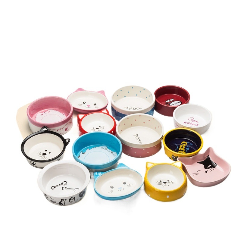 Κεραμικό μπολ κατοικίδιων με σχέδιο καρτούν γάτας και μικρού σκύλου, διπλό μπολ, αντιολισθητικό υπόστρωμα