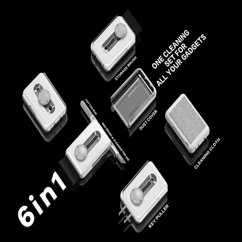 Tisztító sörtés készlet okostelefonokra, noteszgépekre és számítógépekre, fejhallgatókra és mikrofonokra; ABS műanyag • Modell 530 • Súly 55 g