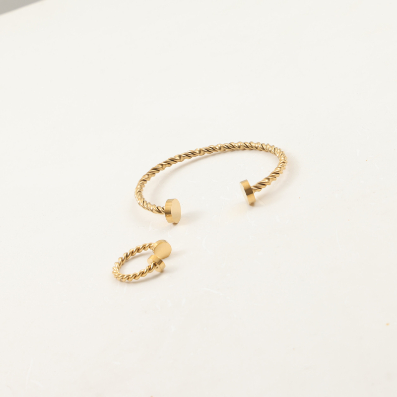 Vitafend Nyitott Geometriai Szegecs Karkötő és Gyűrű, Titánacél, Gyémántvágás, 18K Aranyozás, Női Koreai Stílus