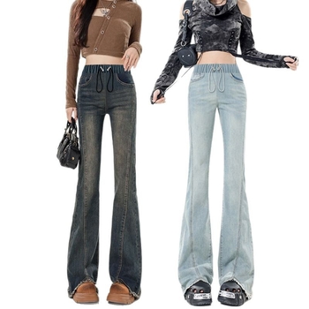 Traperice za trudnice od denima s visokim strukom, vezicom, široke nogavice (podrška za trbuh)