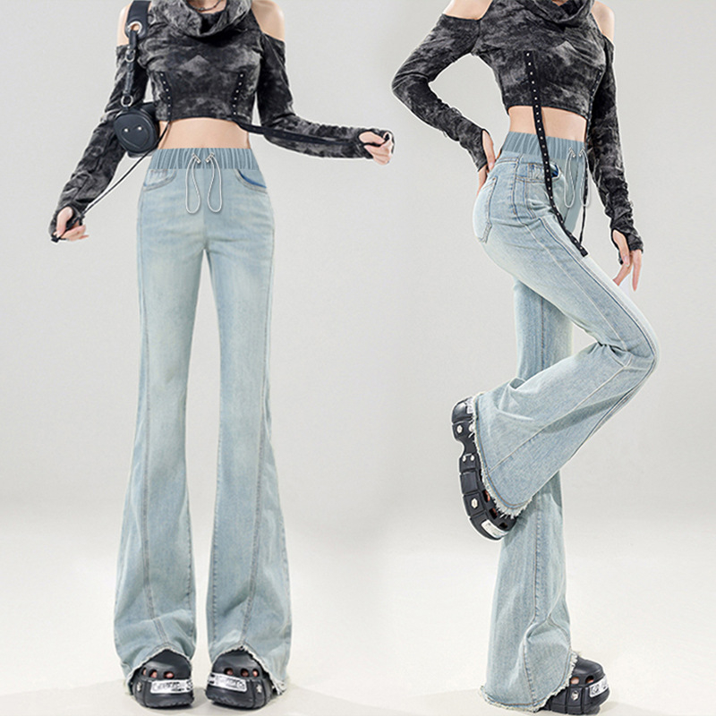 Traperice za trudnice od denima s visokim strukom, vezicom, široke nogavice (podrška za trbuh)