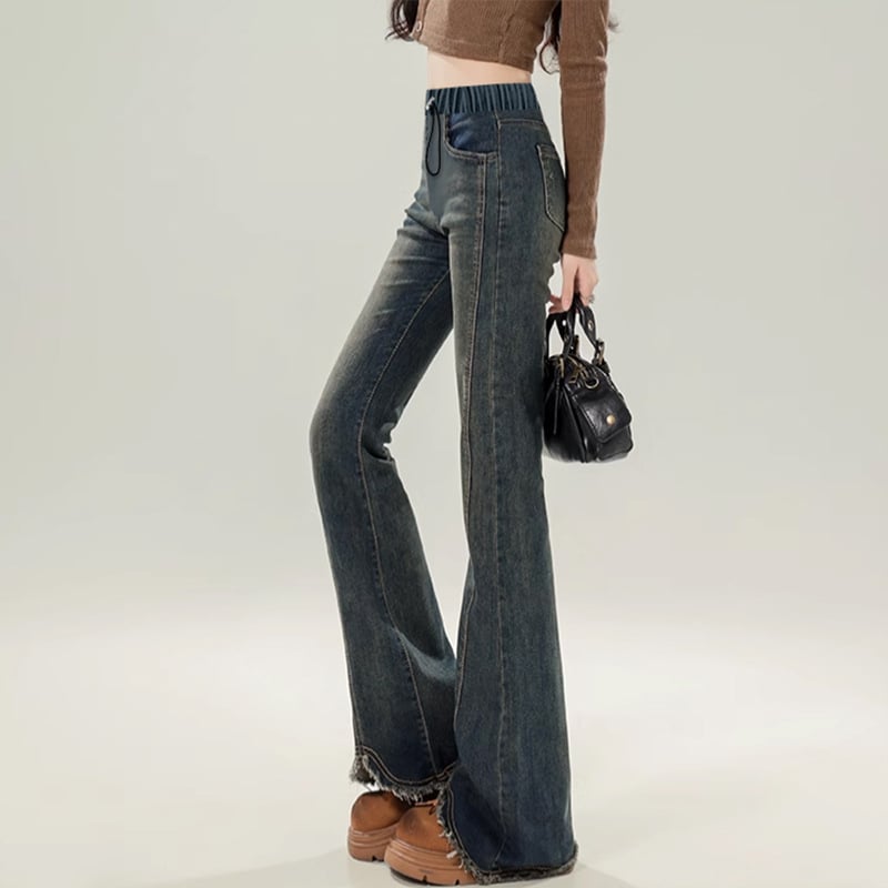 Traperice za trudnice od denima s visokim strukom, vezicom, široke nogavice (podrška za trbuh)