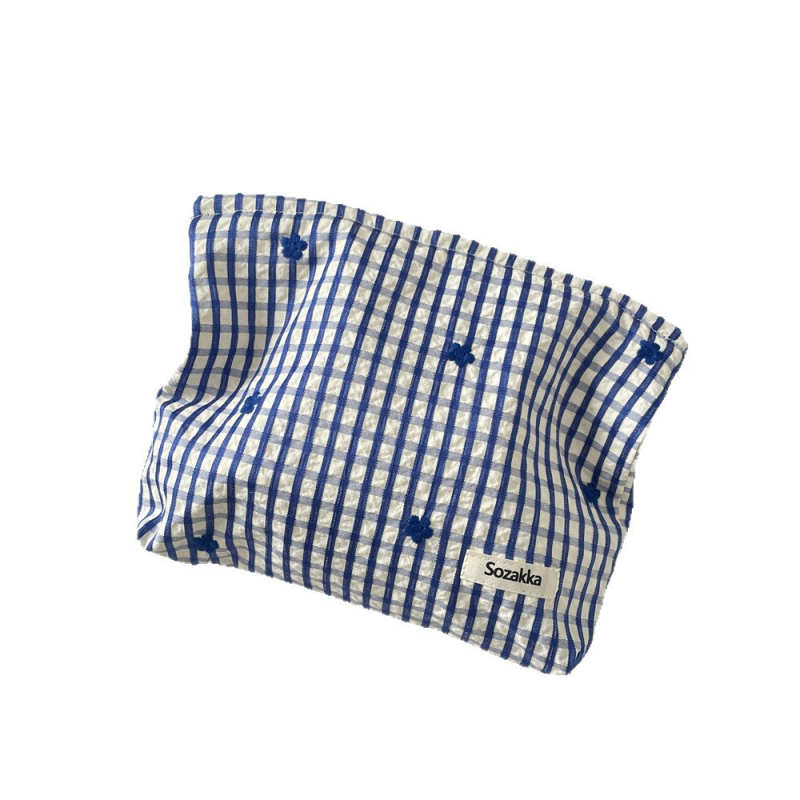 Kockás virágos hímzésű sminktáska – Poliészter külső, vászon belső, Berg márka, rúzs és smink tárolására, utcai stílus