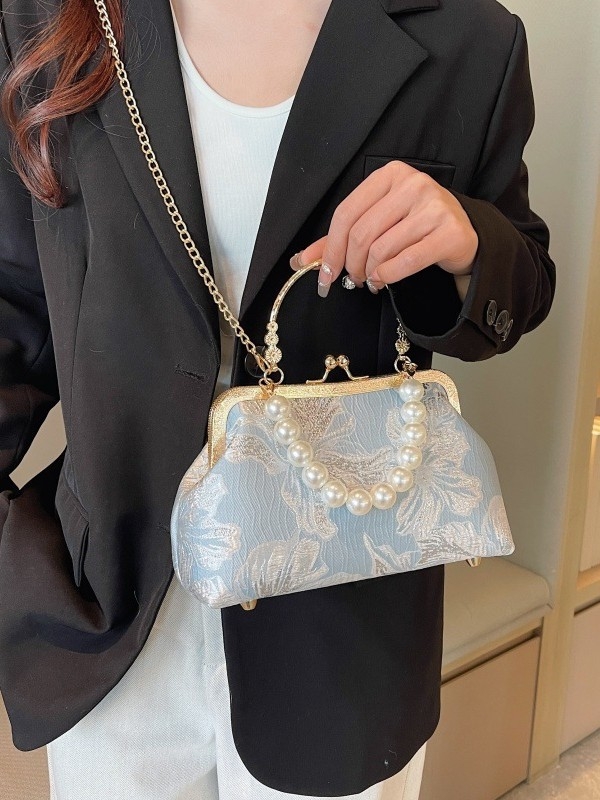 Večernja torbica u retro stilu s kineskim motivom, tkanina, poliester podstava, vodoravni kvadratni oblik, zatvaranje klipom, džep za mobitel