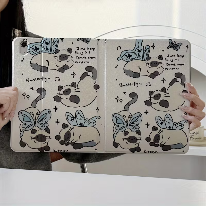 Θήκη iPad από TPU με Flip Cover, μοτίβο πεταλούδας-γάτας, για iPad 8–11 γενιά, Λειτουργία ύπνου, Ανθεκτική σε πτώσεις, Ανθεκτική σε γρατσουνιές, Αντι-αποτυπώματα, Μοντέλο ZJ