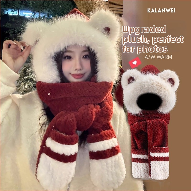 Σκούφος με αυτιά αρκούδας, κασκόλ και γάντια – σετ τριών τεμαχίων, πολυεστέρας, unisex, για χειμώνα-άνοιξη-φθινόπωρο, βαφή tie-dye