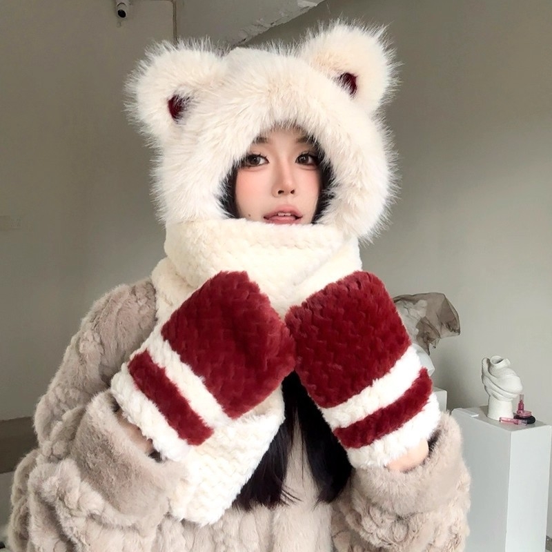 Σκούφος με αυτιά αρκούδας, κασκόλ και γάντια – σετ τριών τεμαχίων, πολυεστέρας, unisex, για χειμώνα-άνοιξη-φθινόπωρο, βαφή tie-dye