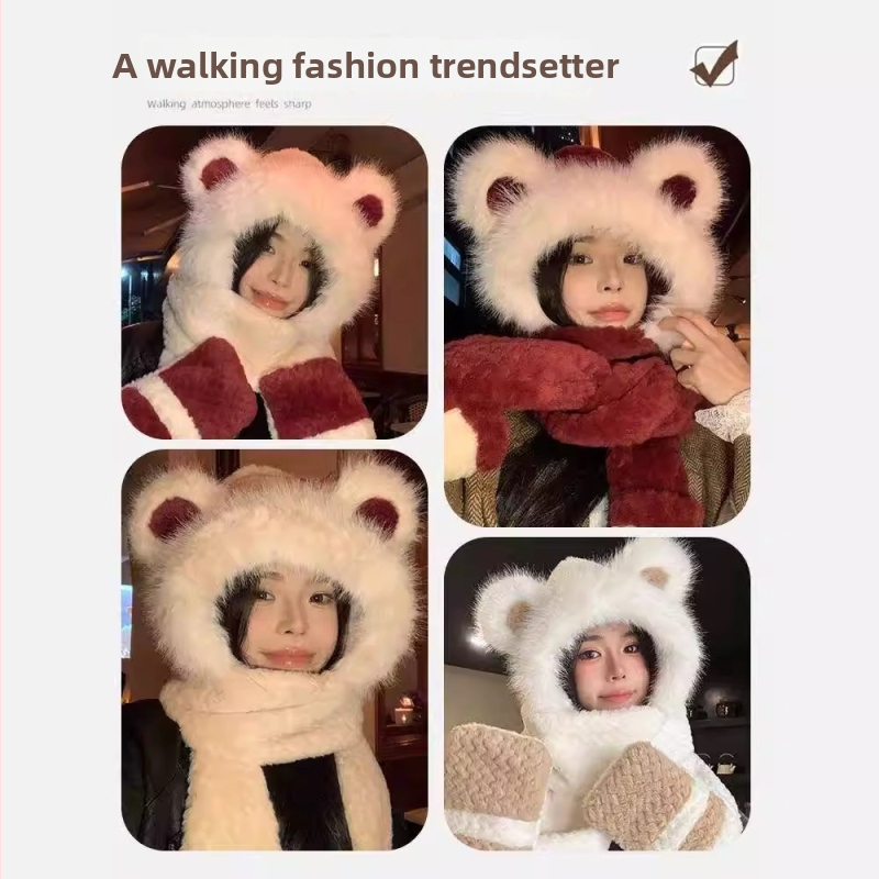 Čiapka s ušami medveďa, šál a rukavice – trojica set, polyester, unisex, pre zimné, jarné a jesenné obdobie, tie-dye