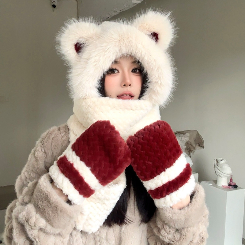 Σκούφος με αυτιά αρκούδας, κασκόλ και γάντια – σετ τριών τεμαχίων, πολυεστέρας, unisex, για χειμώνα-άνοιξη-φθινόπωρο, βαφή tie-dye