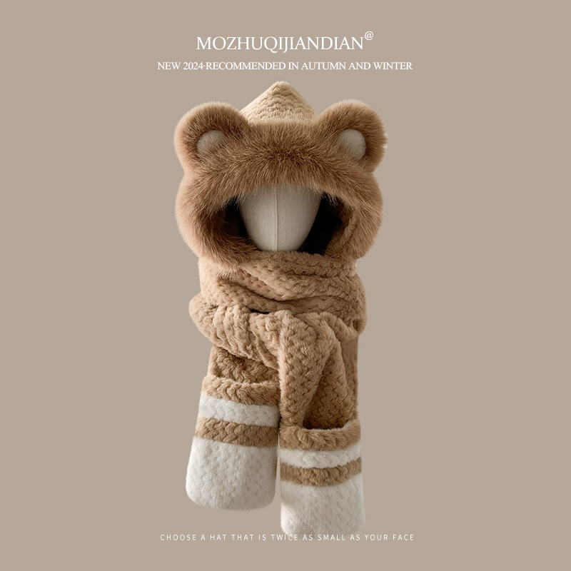 Σκούφος με αυτιά αρκούδας, κασκόλ και γάντια – σετ τριών τεμαχίων, πολυεστέρας, unisex, για χειμώνα-άνοιξη-φθινόπωρο, βαφή tie-dye