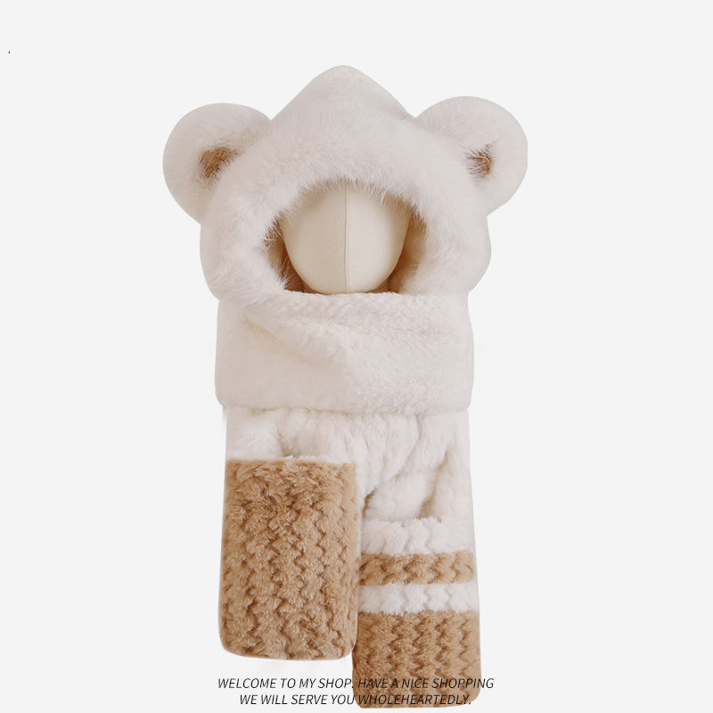 Σκούφος με αυτιά αρκούδας, κασκόλ και γάντια – σετ τριών τεμαχίων, πολυεστέρας, unisex, για χειμώνα-άνοιξη-φθινόπωρο, βαφή tie-dye