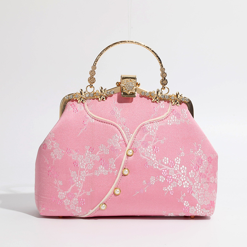 Ženska torba inspirirana kineskim stilom, svila, školjkast oblik, zaključavanje bravom, unutarnji džepovi s patentnim zatvaračem i džep za telefon, s jednim remenom