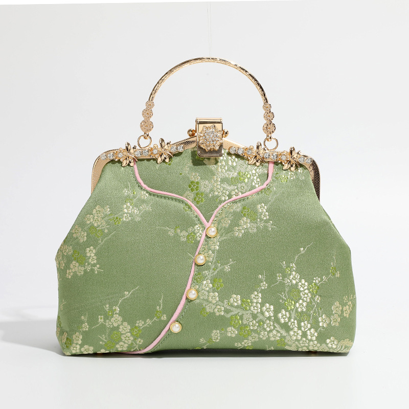 Ženska torba inspirirana kineskim stilom, svila, školjkast oblik, zaključavanje bravom, unutarnji džepovi s patentnim zatvaračem i džep za telefon, s jednim remenom