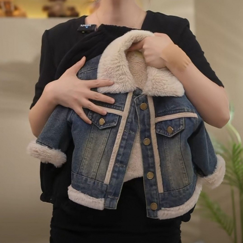 Unisex dječja jakna od traperice s flis podstavom, debela, jednostruki zatvarač, četvrtasti ovratnik