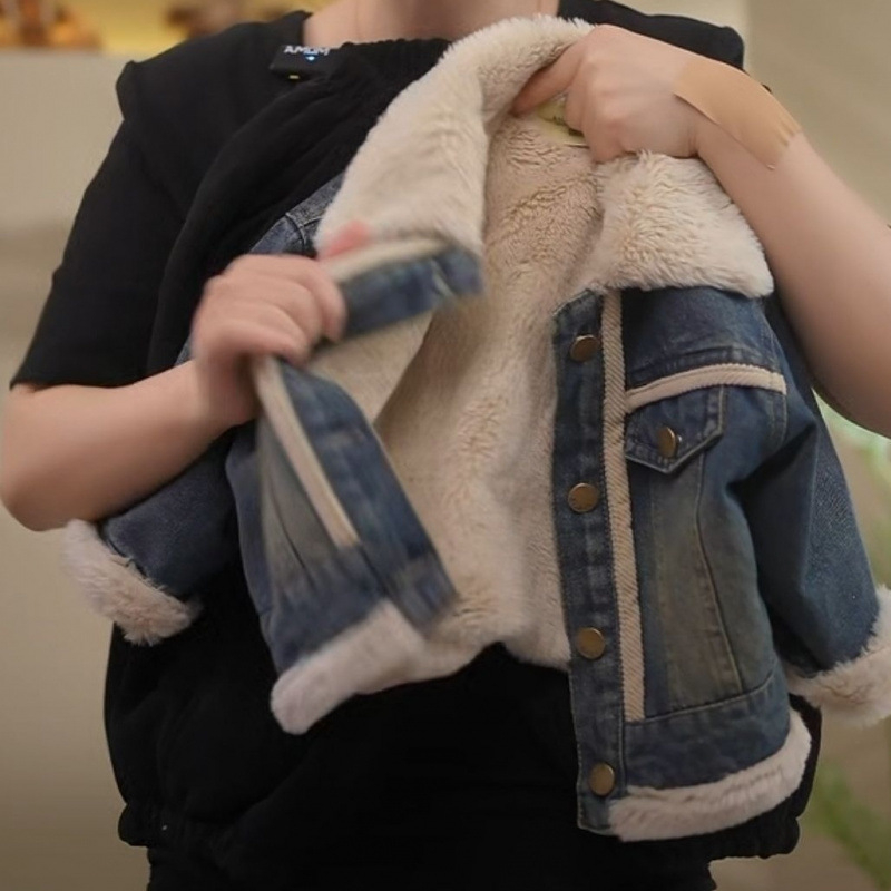 Unisex dječja jakna od traperice s flis podstavom, debela, jednostruki zatvarač, četvrtasti ovratnik