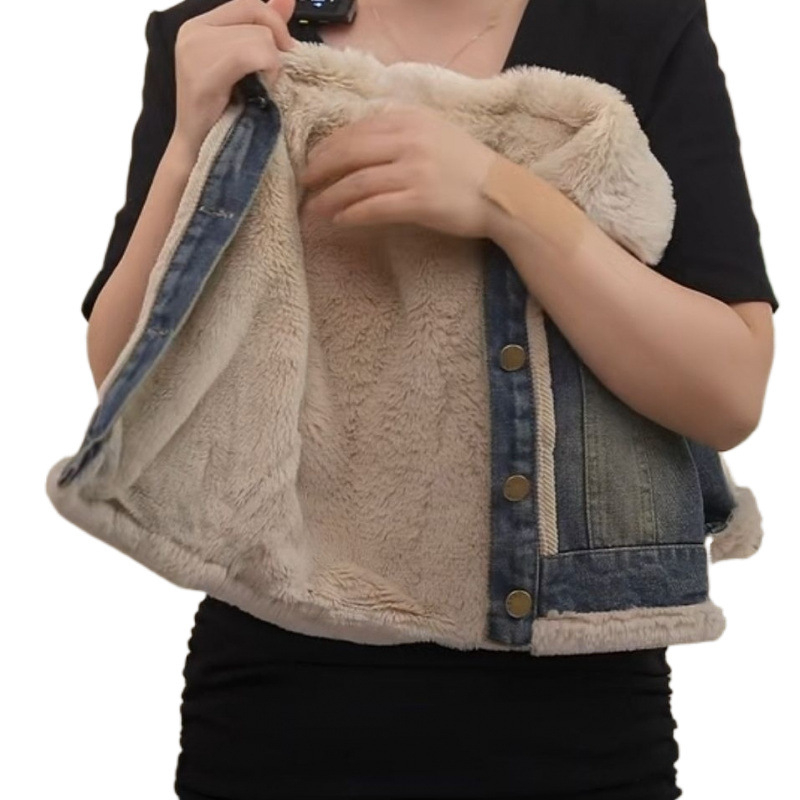 Unisex dječja jakna od traperice s flis podstavom, debela, jednostruki zatvarač, četvrtasti ovratnik
