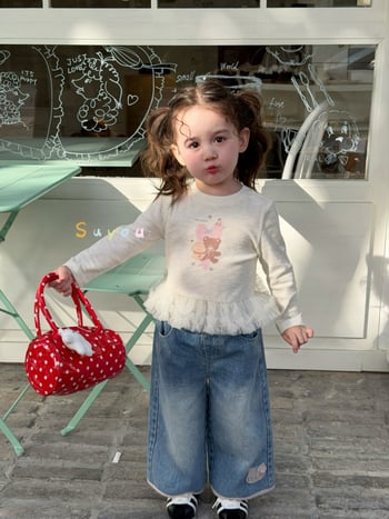 Ženski proljetni set vanjske odjeće — korejski stil, pamuk jakna s dugim rukavima + majica s dugim rukavima + traperice, tanak casual, za uzrast 3–8 godina