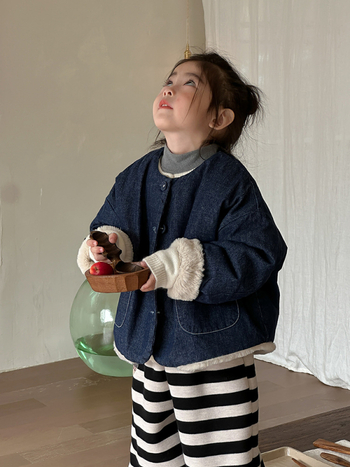 Παιδικό τζιν μπουφάν με φλις επένδυση, χοντρό για τον χειμώνα, κορεατικού στυλ, 80% βαμβάκι, με μονό σειρά κουμπιών