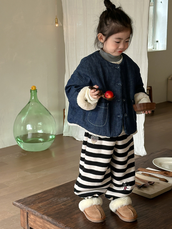 Παιδικό τζιν μπουφάν με φλις επένδυση, χοντρό για τον χειμώνα, κορεατικού στυλ, 80% βαμβάκι, με μονό σειρά κουμπιών