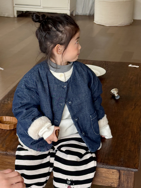 Παιδικό τζιν μπουφάν με φλις επένδυση, χοντρό για τον χειμώνα, κορεατικού στυλ, 80% βαμβάκι, με μονό σειρά κουμπιών