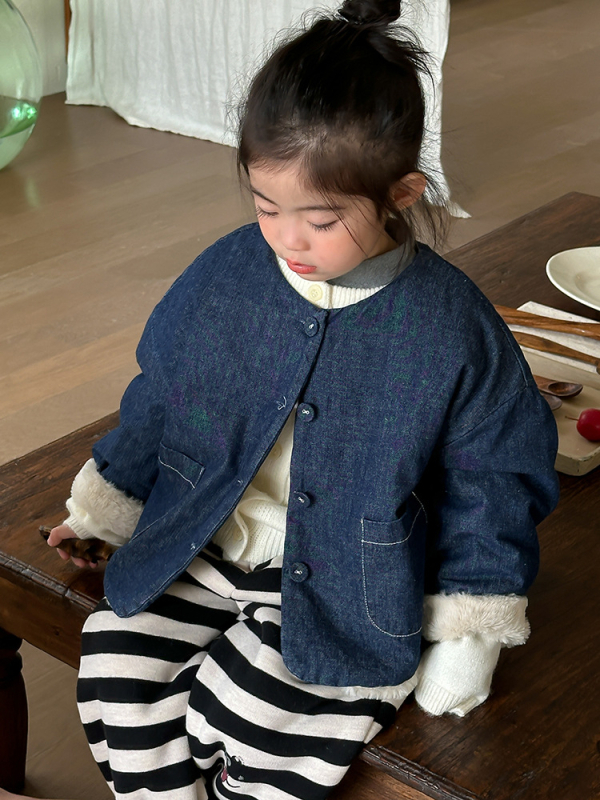 Παιδικό τζιν μπουφάν με φλις επένδυση, χοντρό για τον χειμώνα, κορεατικού στυλ, 80% βαμβάκι, με μονό σειρά κουμπιών