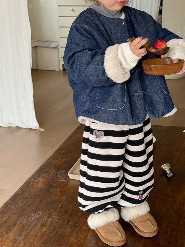 Παιδικό τζιν μπουφάν με φλις επένδυση, χοντρό για τον χειμώνα, κορεατικού στυλ, 80% βαμβάκι, με μονό σειρά κουμπιών