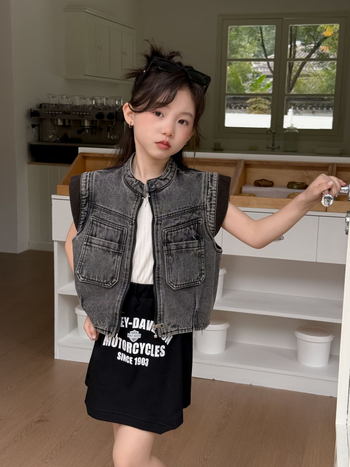 Παιδικό τζιν γιλέκο, κορεατικό στυλ, χωρίς μανίκια, φερμουάρ κλείσιμο (Τζιν; κορεατικό στυλ; χωρίς μανίκια; φερμουάρ; Άνοιξη 2025)