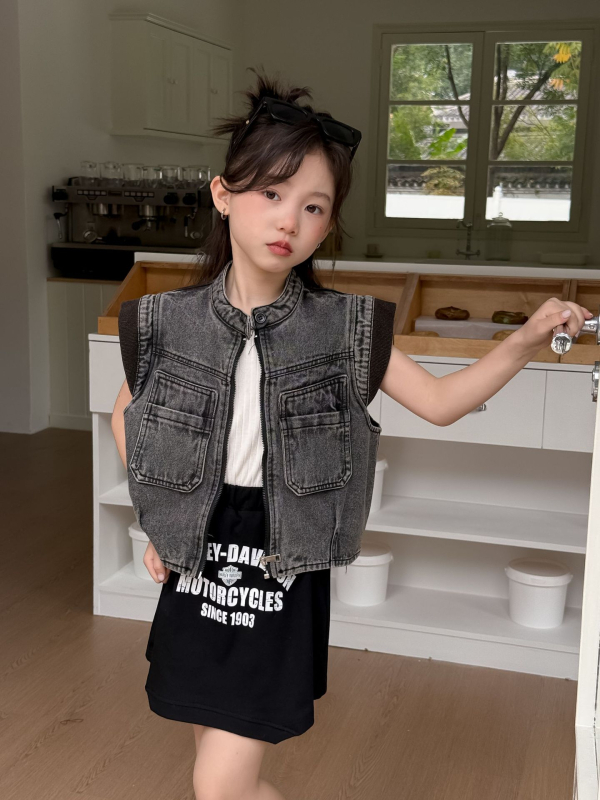 Παιδικό τζιν γιλέκο, κορεατικό στυλ, χωρίς μανίκια, φερμουάρ κλείσιμο (Τζιν; κορεατικό στυλ; χωρίς μανίκια; φερμουάρ; Άνοιξη 2025)