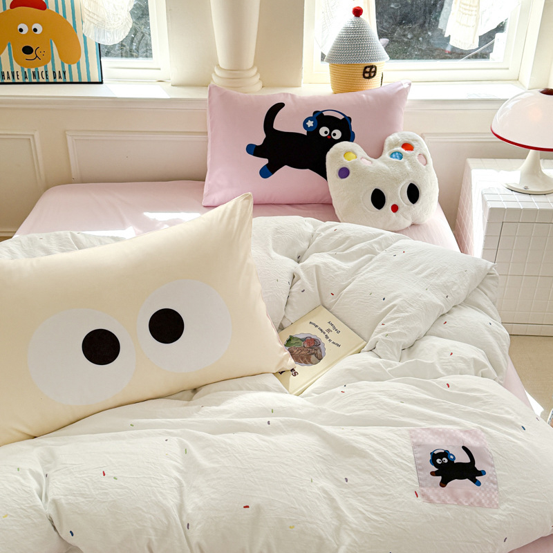 Četverodijelni set posteljine, oprani pamuk, karikatura uzorak, reaktivno ispisivanje