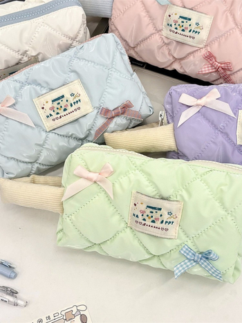 Torba za olovke i kozmetiku velikog kapaciteta, ulični stil korejskog izgleda, poliester, karirani uzorak, poplinski podstava