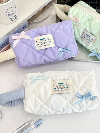 Torba za olovke i kozmetiku velikog kapaciteta, ulični stil korejskog izgleda, poliester, karirani uzorak, poplinski podstava