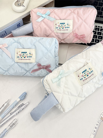 Torba za olovke i kozmetiku velikog kapaciteta, ulični stil korejskog izgleda, poliester, karirani uzorak, poplinski podstava