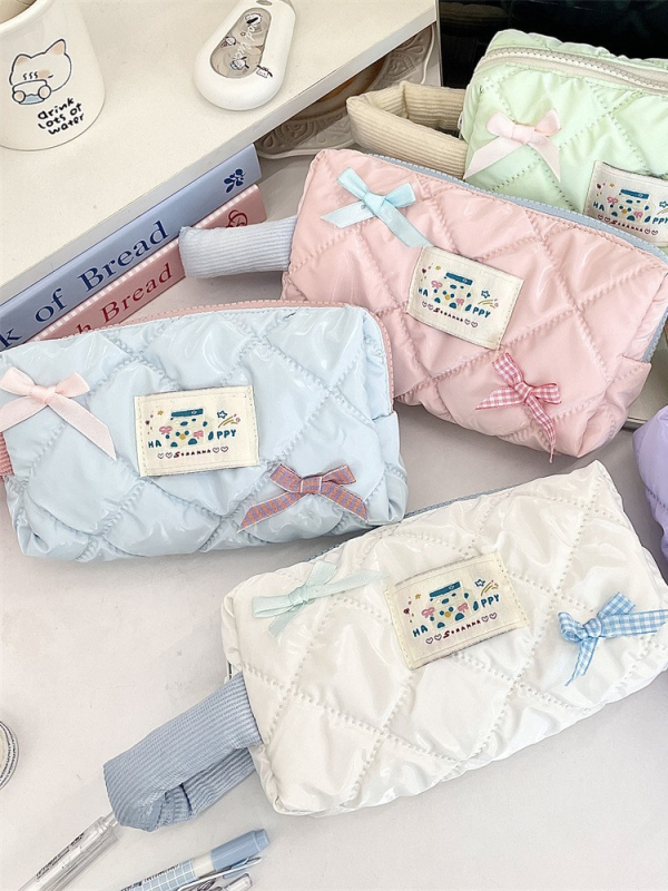 Torba za olovke i kozmetiku velikog kapaciteta, ulični stil korejskog izgleda, poliester, karirani uzorak, poplinski podstava