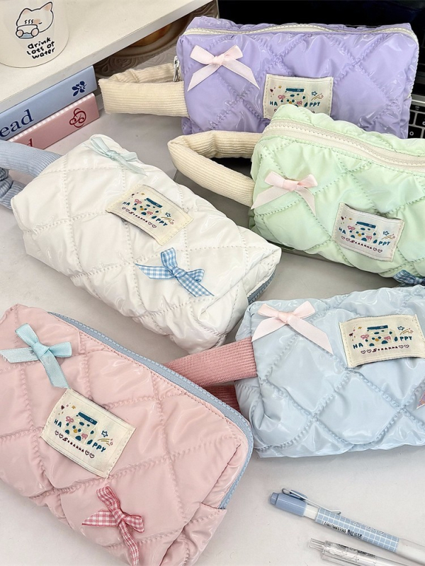 Torba za olovke i kozmetiku velikog kapaciteta, ulični stil korejskog izgleda, poliester, karirani uzorak, poplinski podstava