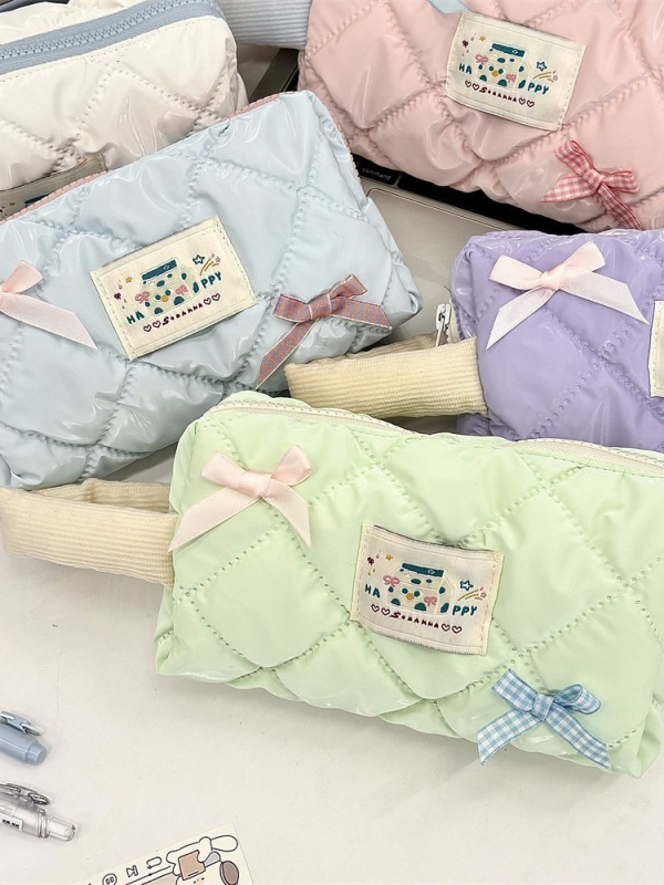 Torba za olovke i kozmetiku velikog kapaciteta, ulični stil korejskog izgleda, poliester, karirani uzorak, poplinski podstava