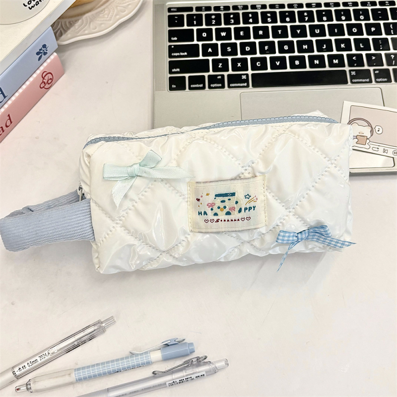 Torba za olovke i kozmetiku velikog kapaciteta, ulični stil korejskog izgleda, poliester, karirani uzorak, poplinski podstava