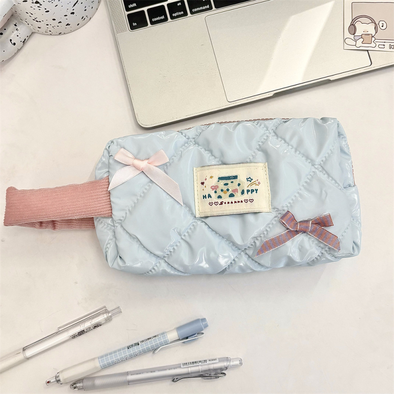 Torba za olovke i kozmetiku velikog kapaciteta, ulični stil korejskog izgleda, poliester, karirani uzorak, poplinski podstava