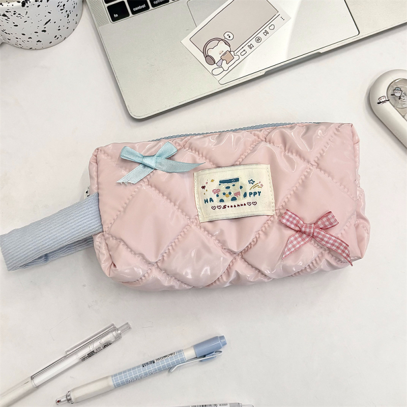 Torba za olovke i kozmetiku velikog kapaciteta, ulični stil korejskog izgleda, poliester, karirani uzorak, poplinski podstava