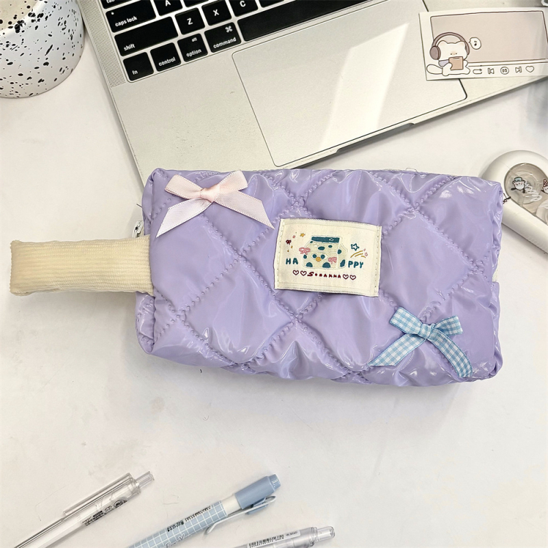 Torba za olovke i kozmetiku velikog kapaciteta, ulični stil korejskog izgleda, poliester, karirani uzorak, poplinski podstava