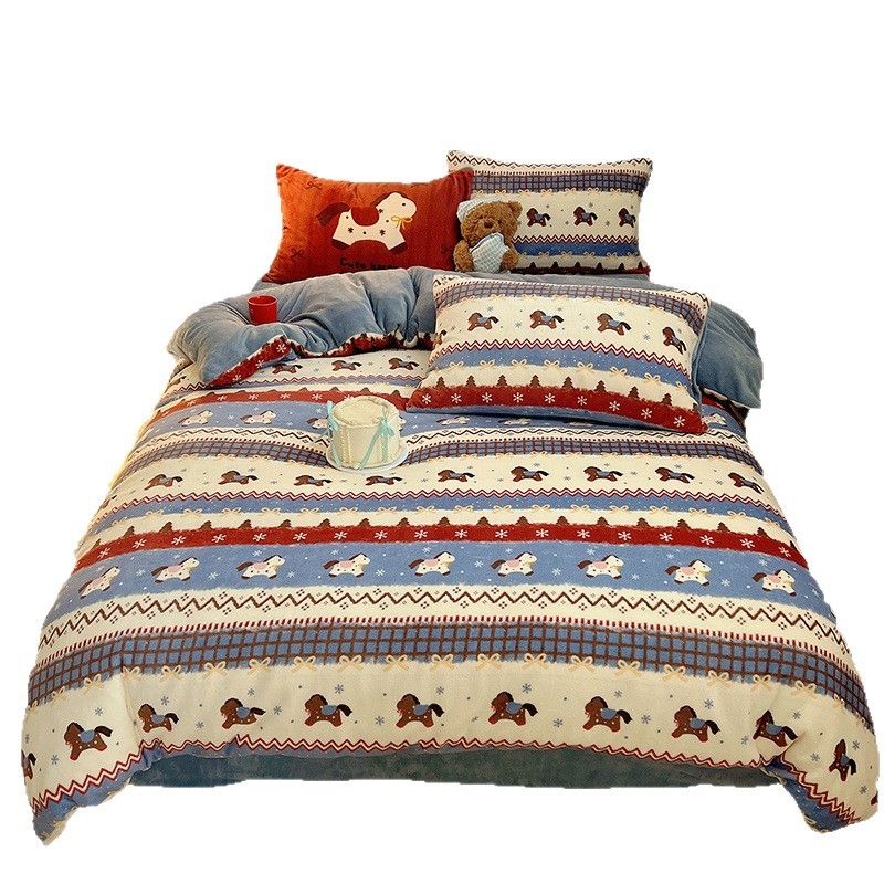 Tej velvet négyrészes ágyneműkészlet télre – macska és csacsi mintával, súly 3000–3500 g, lepedő-stílus