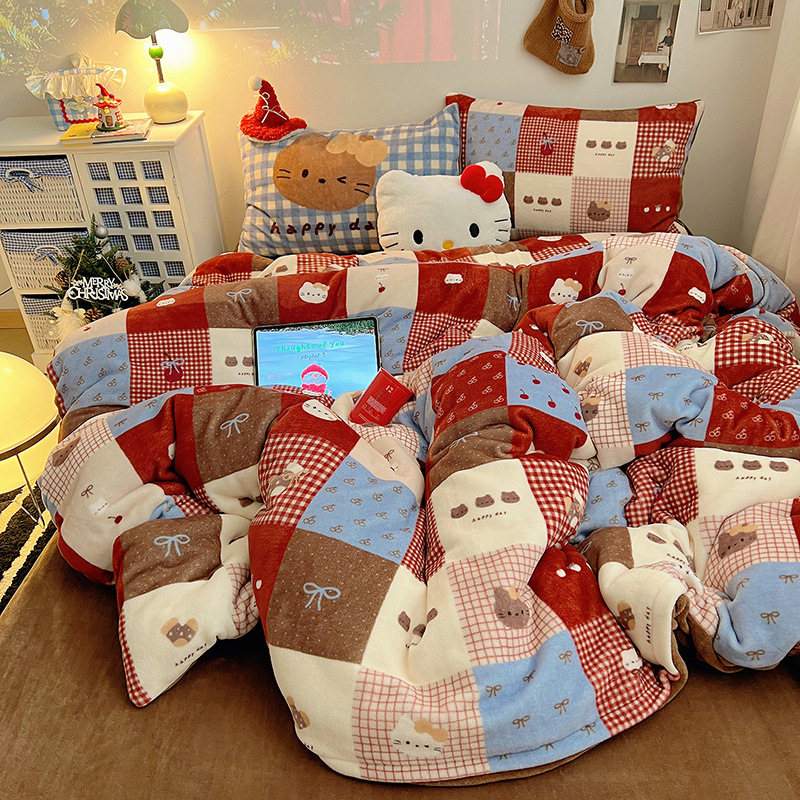 Tej velvet négyrészes ágyneműkészlet télre – macska és csacsi mintával, súly 3000–3500 g, lepedő-stílus