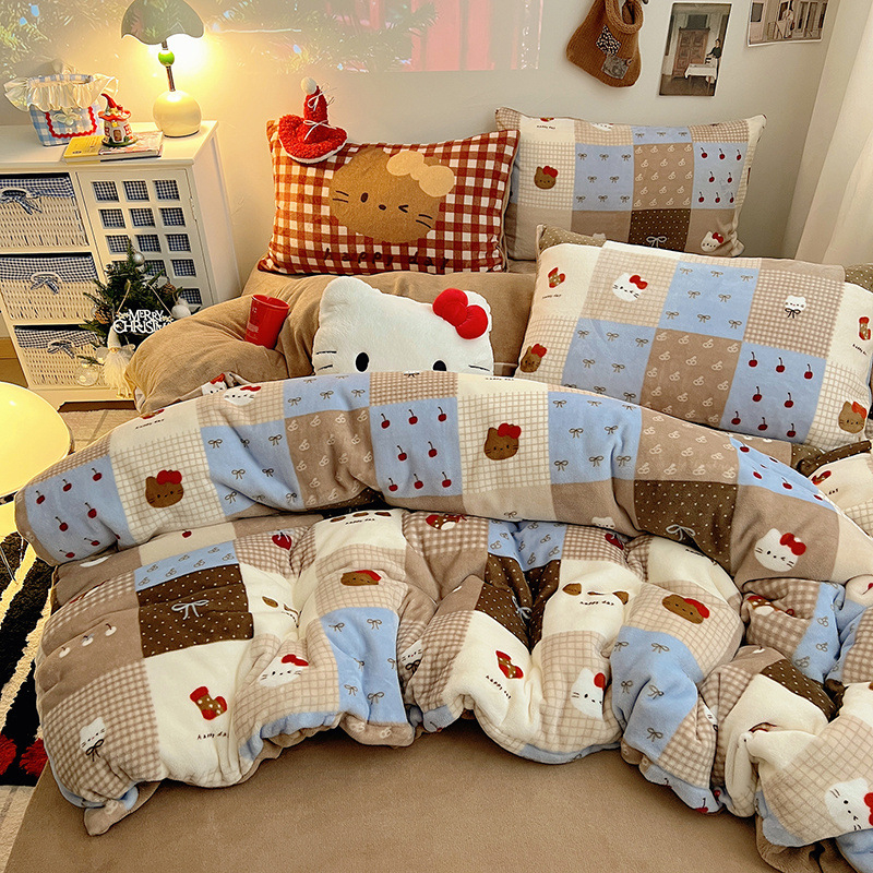 Tej velvet négyrészes ágyneműkészlet télre – macska és csacsi mintával, súly 3000–3500 g, lepedő-stílus